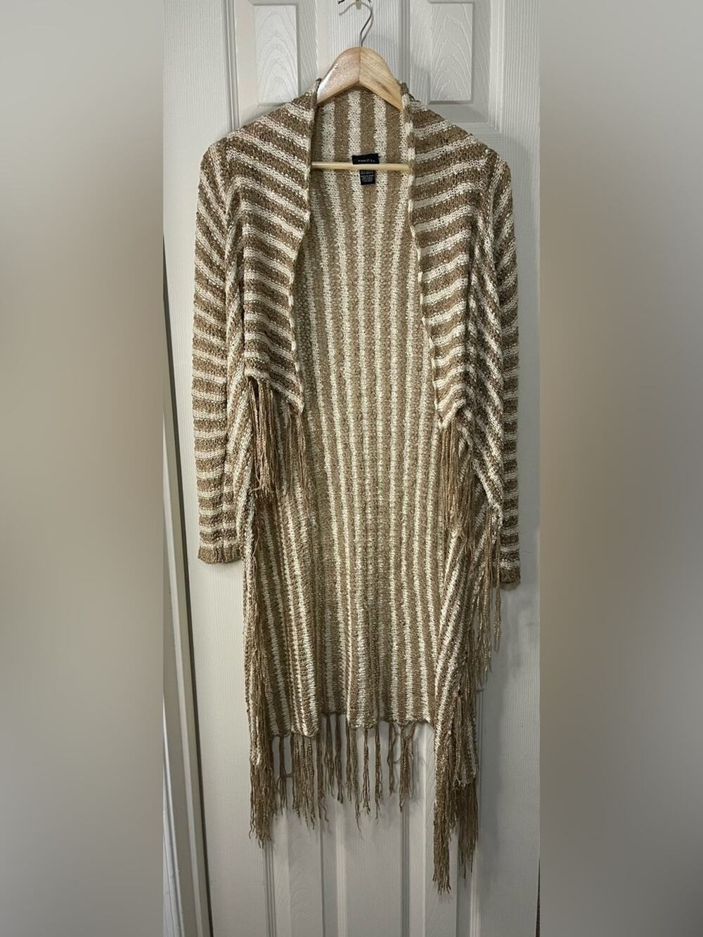 Brown & Cream Striped Bohemian Crochet Knit Cardigan fringe bottom hem Large